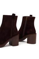 Woman Brown Zip Closure Chunky Heeled Suede Boots | Derimod Woman Brown Zip Closure Chunky Heeled Suede Boots | Derimod