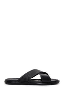Men's Black Knitted Patterned Leather Slippers | Derimod Men's Black Knitted Patterned Leather Slippers | Derimod