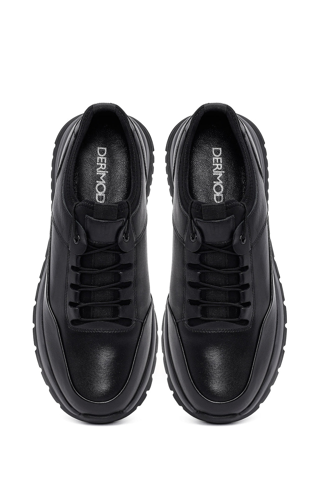 Erkek Siyah Bağcıklı Kalın Tabanlı Deri Sneaker