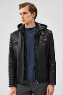 Lyon Men's Black Hooded Leather Jacket | Derimod Lyon Men's Black Hooded Leather Jacket | Derimod