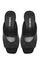 Women's Black Thick High Heeled Stoned Leather Slippers | Derimod Women's Black Thick High Heeled Stoned Leather Slippers | Derimod