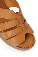 Woman Tan Strappy Thick-Soled Leather Comfort Sandal | Derimod Woman Tan Strappy Thick-Soled Leather Comfort Sandal | Derimod