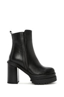 Women's Black Zippered High Thick Leather Heeled Boots | Derimod Women's Black Zippered High Thick Leather Heeled Boots | Derimod