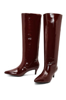 Woman Burgundy Short Thin-Heeled Patent Leather Boots | Derimod Woman Burgundy Short Thin-Heeled Patent Leather Boots | Derimod
