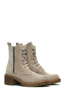 Women's Beige Suede Leather Heeled Boots | Derimod Women's Beige Suede Leather Heeled Boots | Derimod