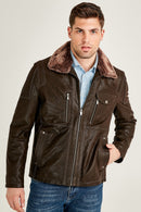 Angelo Men's Brown Leather Jacket with Fur Collar | Derimod Angelo Men's Brown Leather Jacket with Fur Collar | Derimod