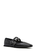 Women's Black Double Buckled Leather Ballerinas | Derimod Women's Black Double Buckled Leather Ballerinas | Derimod