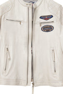 Storm Men's White Slim-Fit Leather Jacket with Emblem | Derimod Storm Men's White Slim-Fit Leather Jacket with Emblem | Derimod