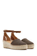 Women's Tan Ankle Buckle Wedge Heeled Straw Leather Espadrille Sandals | Derimod Women's Tan Ankle Buckle Wedge Heeled Straw Leather Espadrille Sandals | Derimod