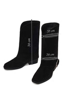 Woman Black Buckled Short Thick-Heeled Suede Boot | Derimod Woman Black Buckled Short Thick-Heeled Suede Boot | Derimod