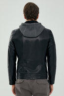 Danger Black Men's Hooded Sports Leather Jacket | Derimod Danger Black Men's Hooded Sports Leather Jacket | Derimod