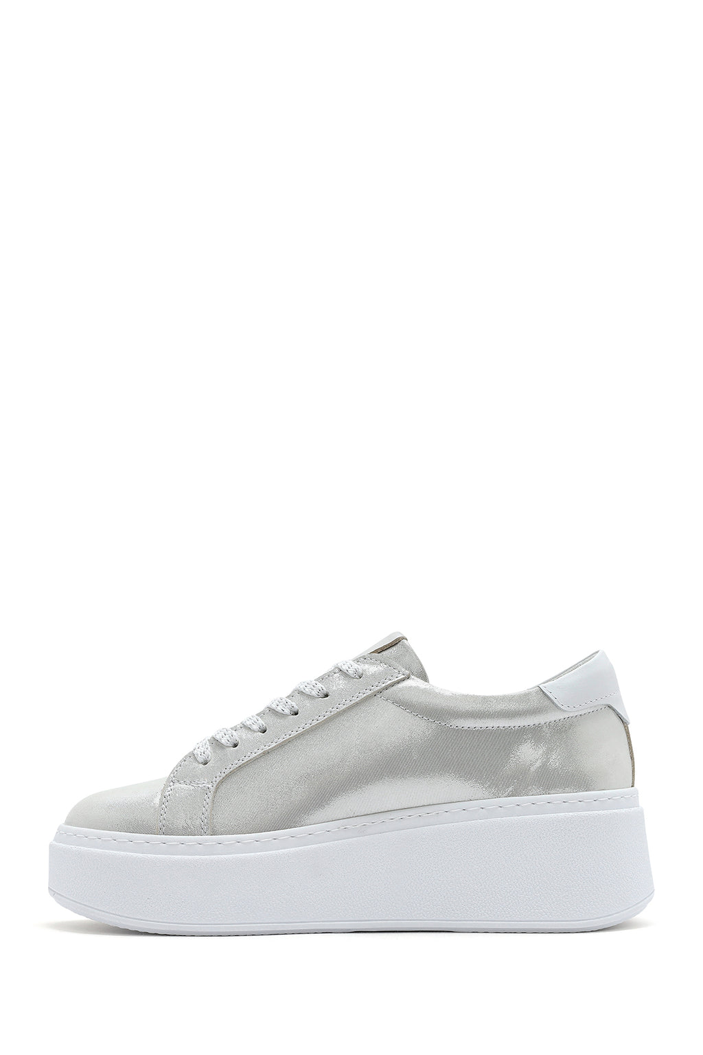 Kadın Gümüş Kalın Tabanlı Yandan Fermuarlı Deri Sneaker