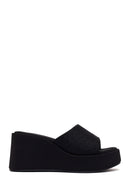 Woman Black Stone-Embellished Wedge-Heel Fabric Slipper | Derimod Woman Black Stone-Embellished Wedge-Heel Fabric Slipper | Derimod