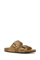 Geox Women Beige Brionia R Double Buckle Suede Leather Slippers | Derimod Geox Women Beige Brionia R Double Buckle Suede Leather Slippers | Derimod