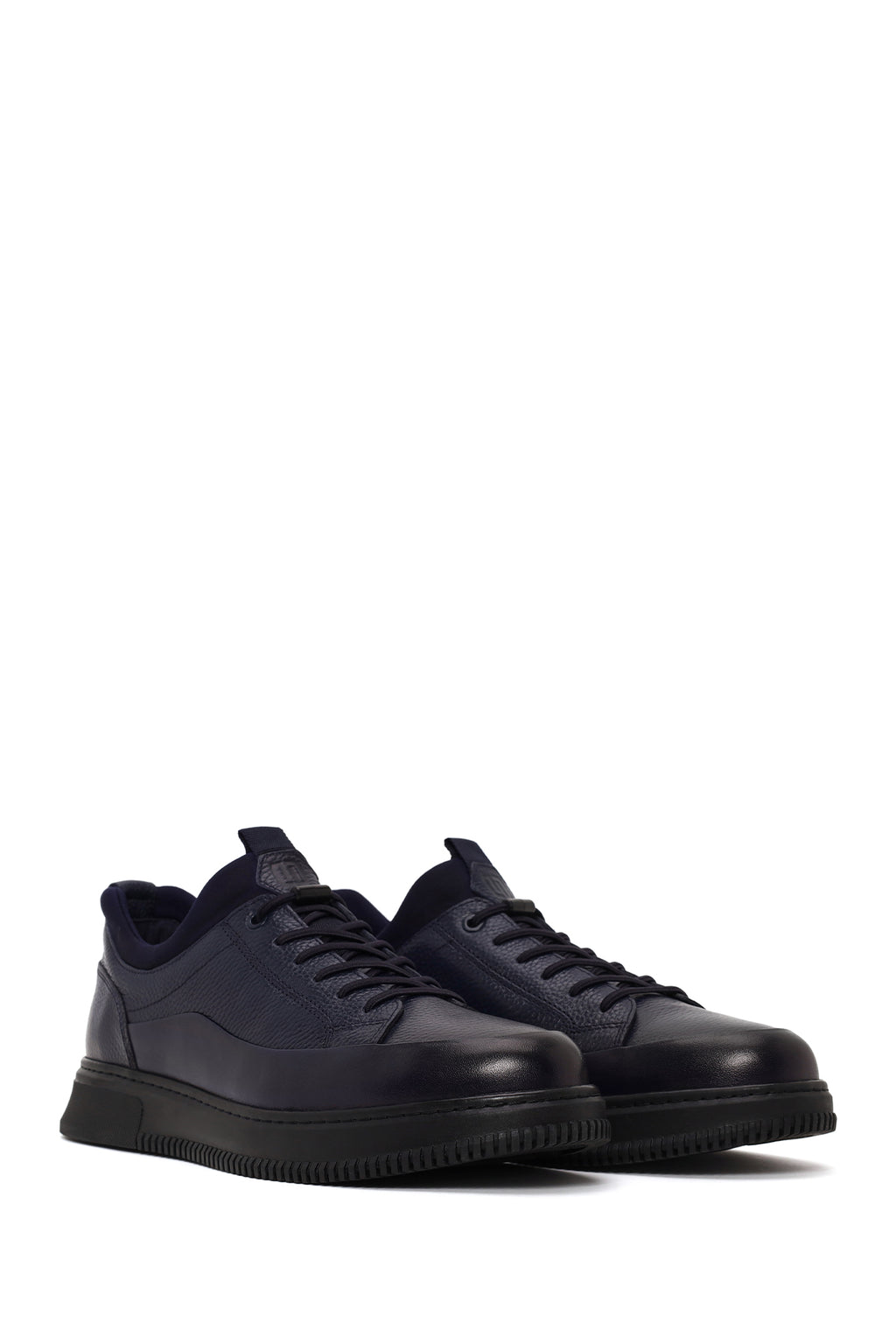 Erkek Lacivert Bağcıklı Deri Sneaker