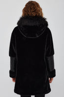 Virginia Women's Black Hooded Long Teddy Coat | Derimod Virginia Women's Black Hooded Long Teddy Coat | Derimod