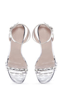 Kadın Gümüş Vinil Taşlı Kalın Topuklu Sandalet | Derimod