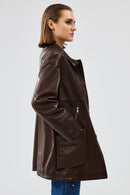 Dalida Women's Brown Oversize Leather Jacket | Derimod Dalida Women's Brown Oversize Leather Jacket | Derimod