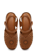 Woman Tan Patterned Thick-Soled Leather Comfort Sandal | Derimod Woman Tan Patterned Thick-Soled Leather Comfort Sandal | Derimod