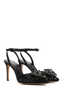 Women's Black Ankle Strap Stone Thin Heeled Leather Stiletto | Derimod Women's Black Ankle Strap Stone Thin Heeled Leather Stiletto | Derimod