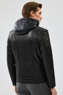 Lyon Men's Black Hooded Leather Jacket | Derimod Lyon Men's Black Hooded Leather Jacket | Derimod