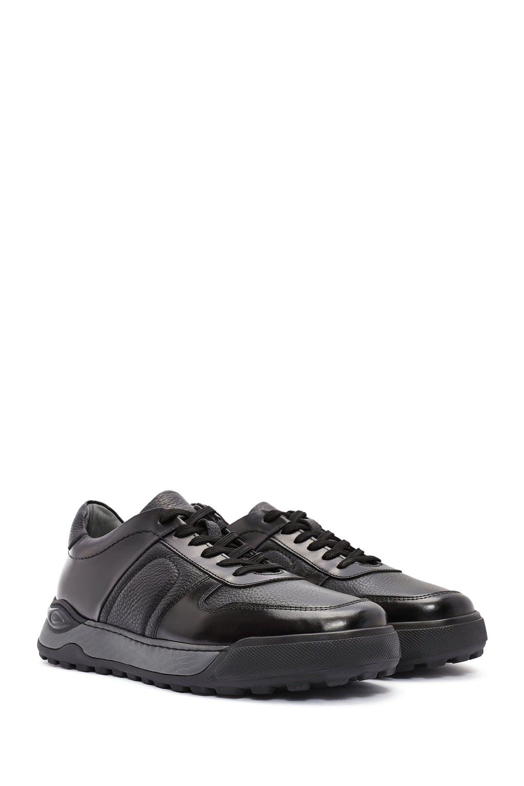 Erkek Siyah Bağcıklı Deri Casual Sneaker