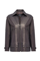 Rosalin Women's Gray Shirt Collar Oversize Leather Coat | Derimod Rosalin Women's Gray Shirt Collar Oversize Leather Coat | Derimod