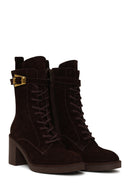 Woman Brown Zip Closure Chunky Heeled Suede Combat Boots | Derimod Woman Brown Zip Closure Chunky Heeled Suede Combat Boots | Derimod