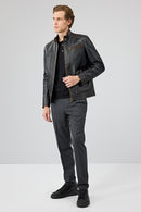 Felibe Men Black Stand Collar Vintage Leather Jacket | Derimod Felibe Men Black Stand Collar Vintage Leather Jacket | Derimod