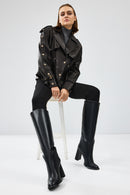 Crystal Women's Black Biker Leather Jacket | Derimod Crystal Women's Black Biker Leather Jacket | Derimod