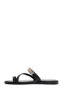 Women's Black Stoned Flip-Flop Leather Slippers | Derimod Women's Black Stoned Flip-Flop Leather Slippers | Derimod