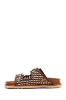 Women's Brown Double Buckled Straw Leather Slippers | Derimod Women's Brown Double Buckled Straw Leather Slippers | Derimod