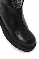 Woman Black Zip Closure Studded Thick-Soled Leather Boots | Derimod Woman Black Zip Closure Studded Thick-Soled Leather Boots | Derimod