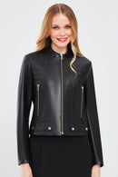 Sharon Women's Black Short Leather Jacket | Derimod Sharon Women's Black Short Leather Jacket | Derimod
