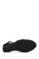 Women's Black Ankle Strap Patterned Wedge Heel Espadrilles | Derimod Women's Black Ankle Strap Patterned Wedge Heel Espadrilles | Derimod