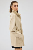 Dalida Women's Cream Oversize Leather Jacket | Derimod Dalida Women's Cream Oversize Leather Jacket | Derimod