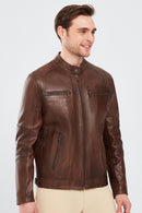 Alanzo Men's Brown Leather Coat | Derimod Alanzo Men's Brown Leather Coat | Derimod