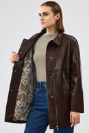 Dalida Women's Brown Oversize Leather Jacket | Derimod Dalida Women's Brown Oversize Leather Jacket | Derimod