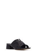 Women's Black Short Thick Heeled Leather Slippers | Derimod Women's Black Short Thick Heeled Leather Slippers | Derimod