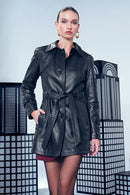 Annamaria Women's Black Belt Detailed Regular Leather Trench Coat | Derimod Annamaria Women's Black Belt Detailed Regular Leather Trench Coat | Derimod