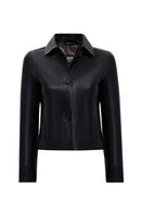 Beatrix Women's Black Shirt Collar Short Leather Jacket | Derimod Beatrix Women's Black Shirt Collar Short Leather Jacket | Derimod