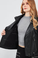 Egoist Women's Black Biker Leather Jacket | Derimod Egoist Women's Black Biker Leather Jacket | Derimod