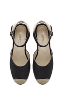 Kadın Siyah Bilekten Bantlı Dolgu Topuklu Deri Espadril | Derimod Kadın Siyah Bilekten Bantlı Dolgu Topuklu Deri Espadril | Derimod