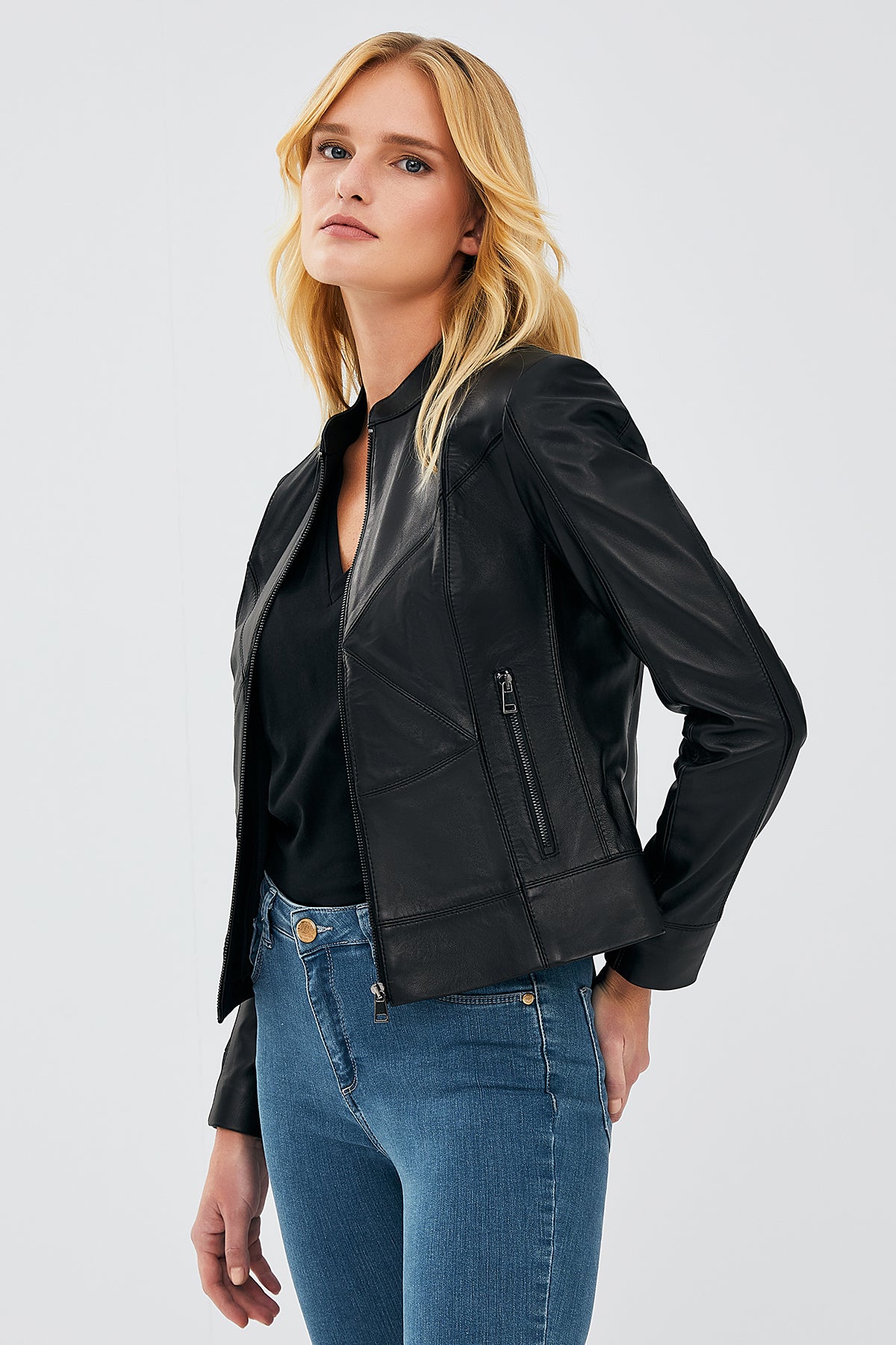 Tiffany Kadın Siyah Streç-Fit Deri Ceket