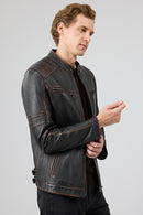 Leonard Men's Brown Vintage Slim-Fit Leather Jacket | Derimod Leonard Men's Brown Vintage Slim-Fit Leather Jacket | Derimod
