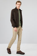 Marcelo Men's Brown Mandarin Collar Suede Leather Jacket | Derimod Marcelo Men's Brown Mandarin Collar Suede Leather Jacket | Derimod