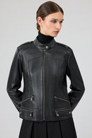 Nora Women's Black Stand Collar Short Leather Jacket | Derimod Nora Women's Black Stand Collar Short Leather Jacket | Derimod