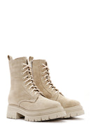 Women's Beige Zippered Suede Leather Combat Boots | Derimod Women's Beige Zippered Suede Leather Combat Boots | Derimod