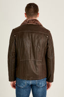 Angelo Men's Brown Leather Jacket with Fur Collar | Derimod Angelo Men's Brown Leather Jacket with Fur Collar | Derimod