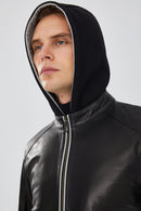 Tatum Men's Black Hooded Sports Leather Coat | Derimod Tatum Men's Black Hooded Sports Leather Coat | Derimod